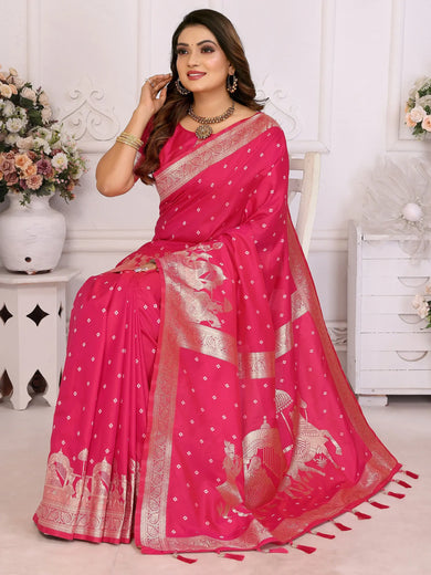 Astonishing Pink Zari Weaving Kochi Silk Traditional Saree With Blouse